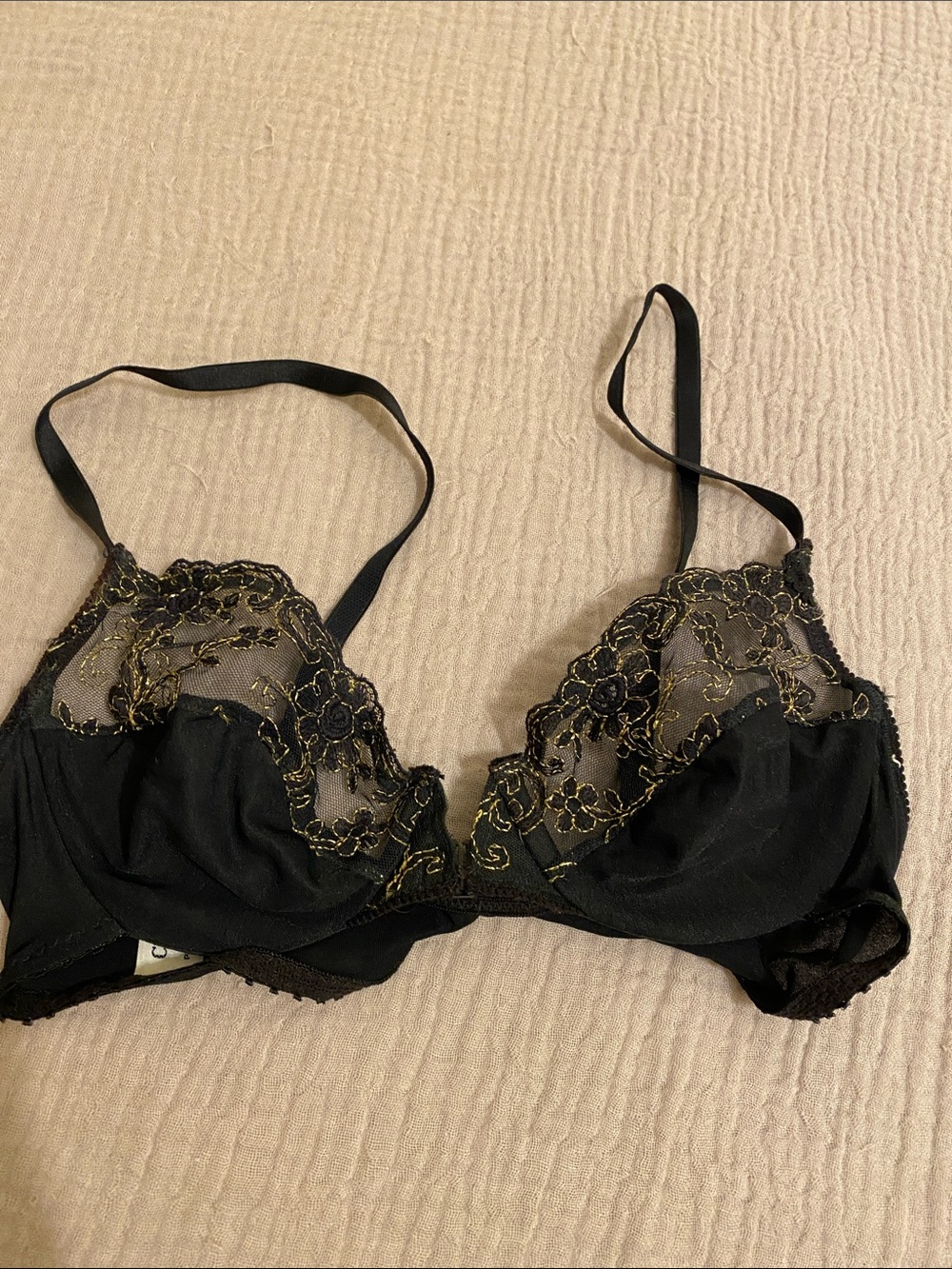 Vintyge Dior Black Bra with Gold Embroidered Lace. Size 34 B